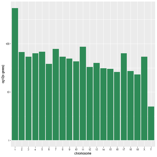A simple histogram with greed bars showing the log10 number of genes per chromosome.