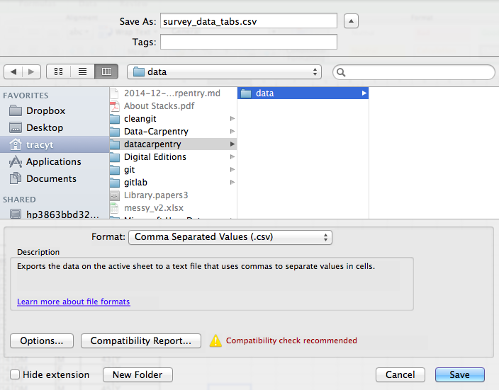 Excel menu to export data in a csv format on MacOS