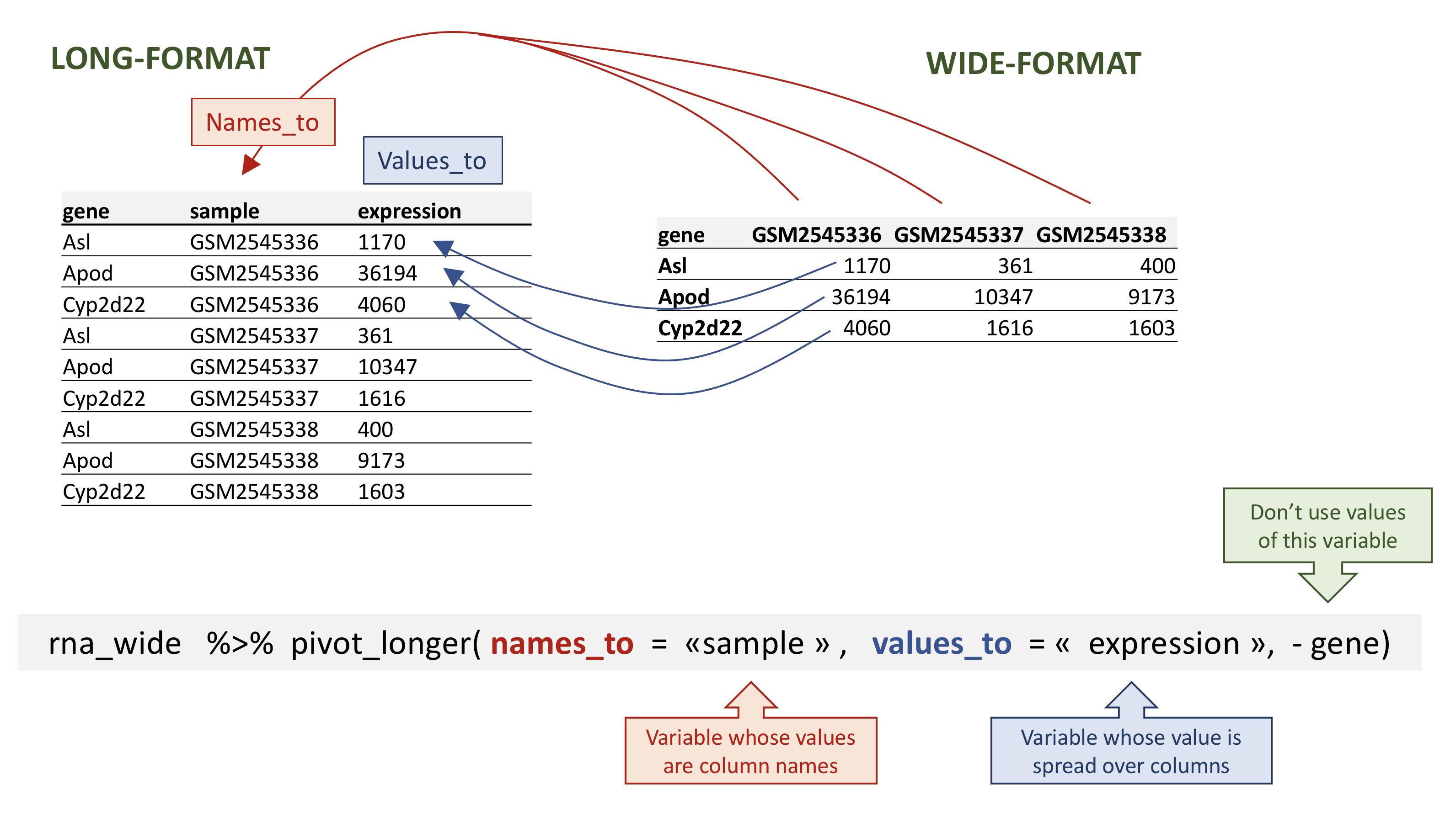 Figure showing the long table format on the left and wide table format on the right and arrows illustrating how the column names on the left have become a new column 'sample' on the left and the values in the wide table on the right have become a new column 'expression' on the left. Below is the call to 'pivot_wider()' with annotations pointing to the 'sample', 'expression' and the '-gene' arguments.