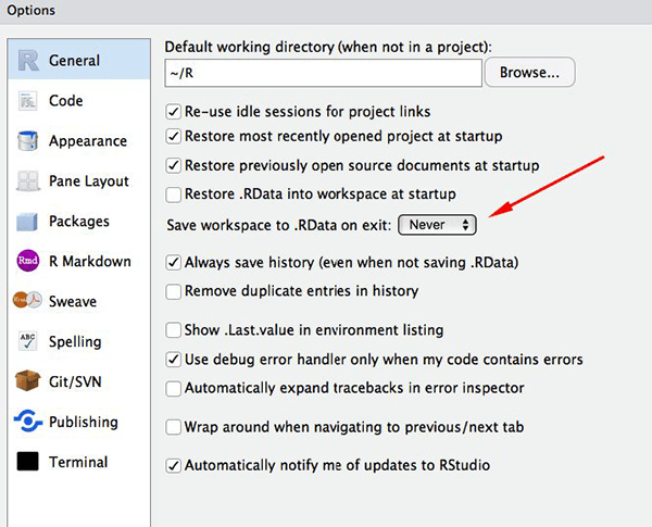 Screenshot of the RStudio General Options panel.