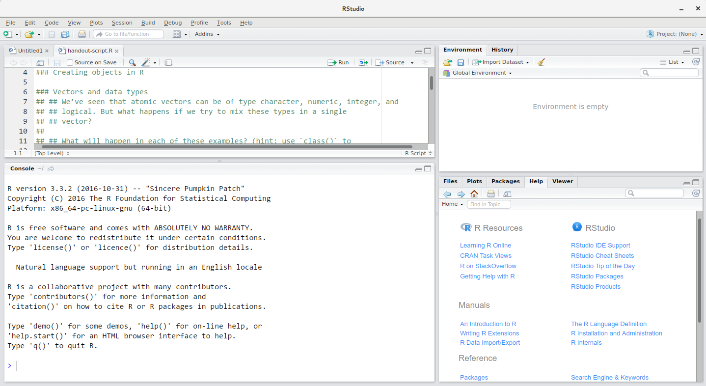 Screenshot of the RStudio interface showing the typical four panel setup.