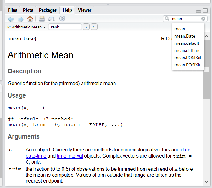 Screenshot of RStudio's Help panel.