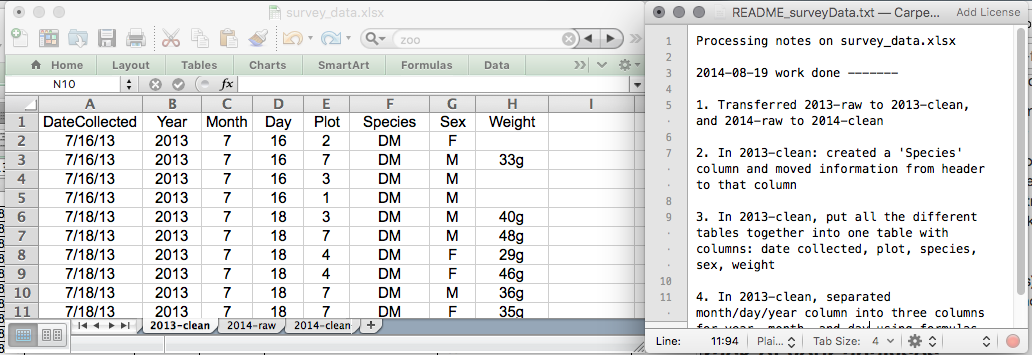 SCreenshot of a spreadsheet and a README.txt file.