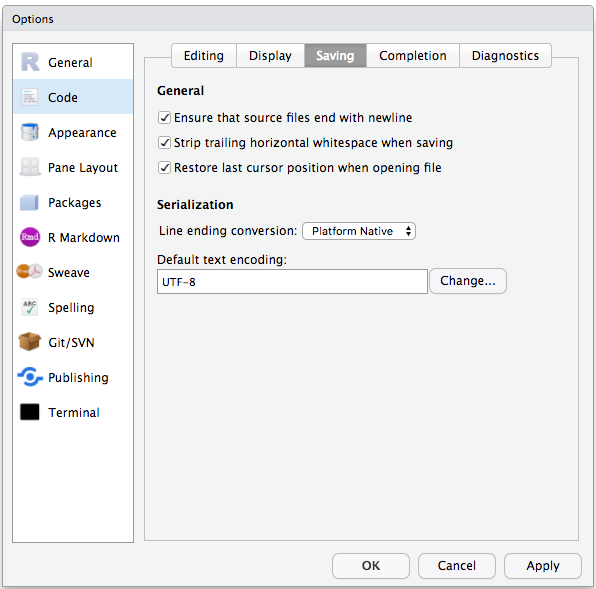Screenshot of the RStudio Code Options panel.